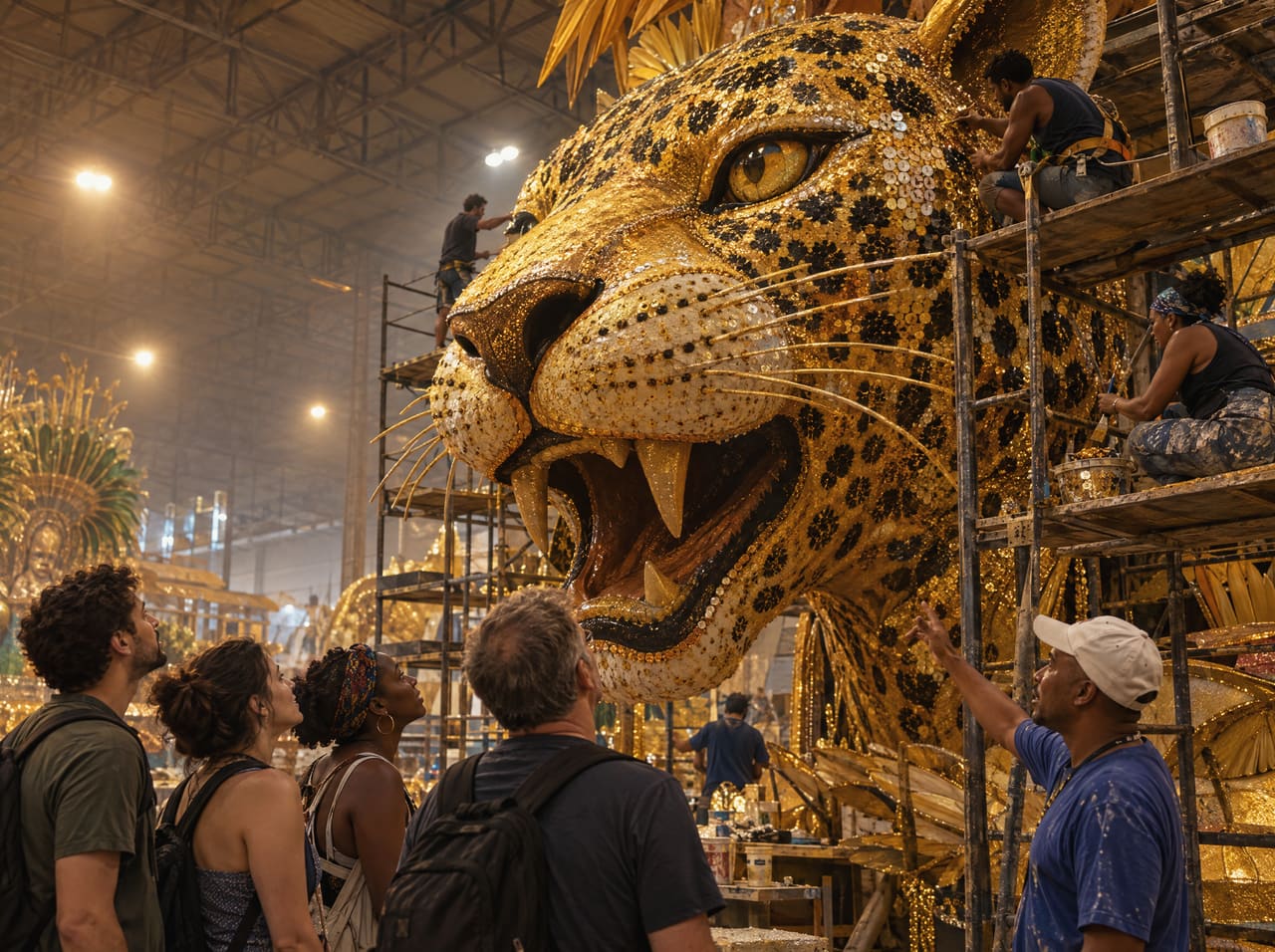 Visitantes admiram uma escultura gigante de onça dourada em construção no barracão da Cidade do Samba