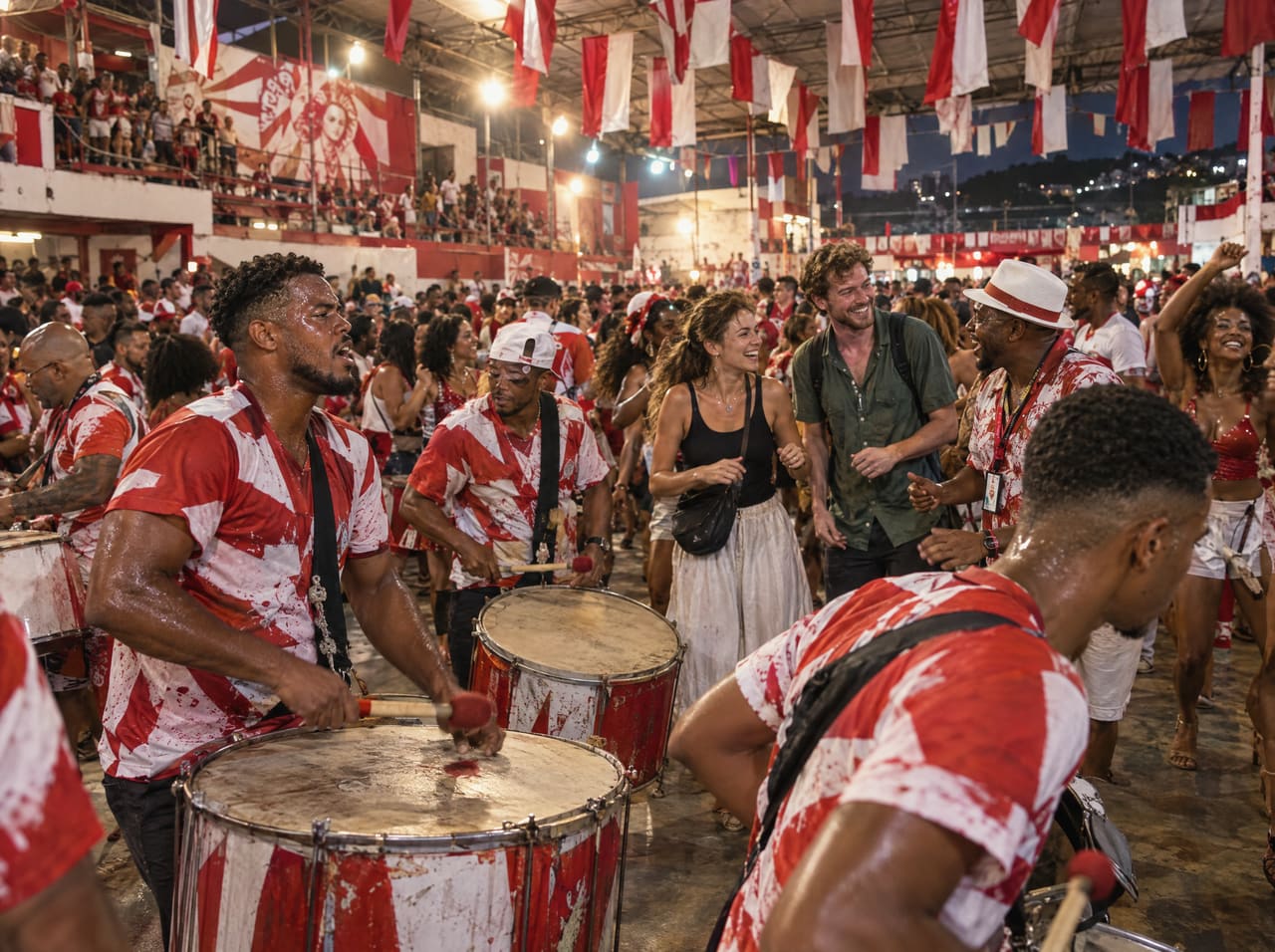Bateria de camisas vermelhas e brancas toca na quadra durante um ensaio de escola de samba