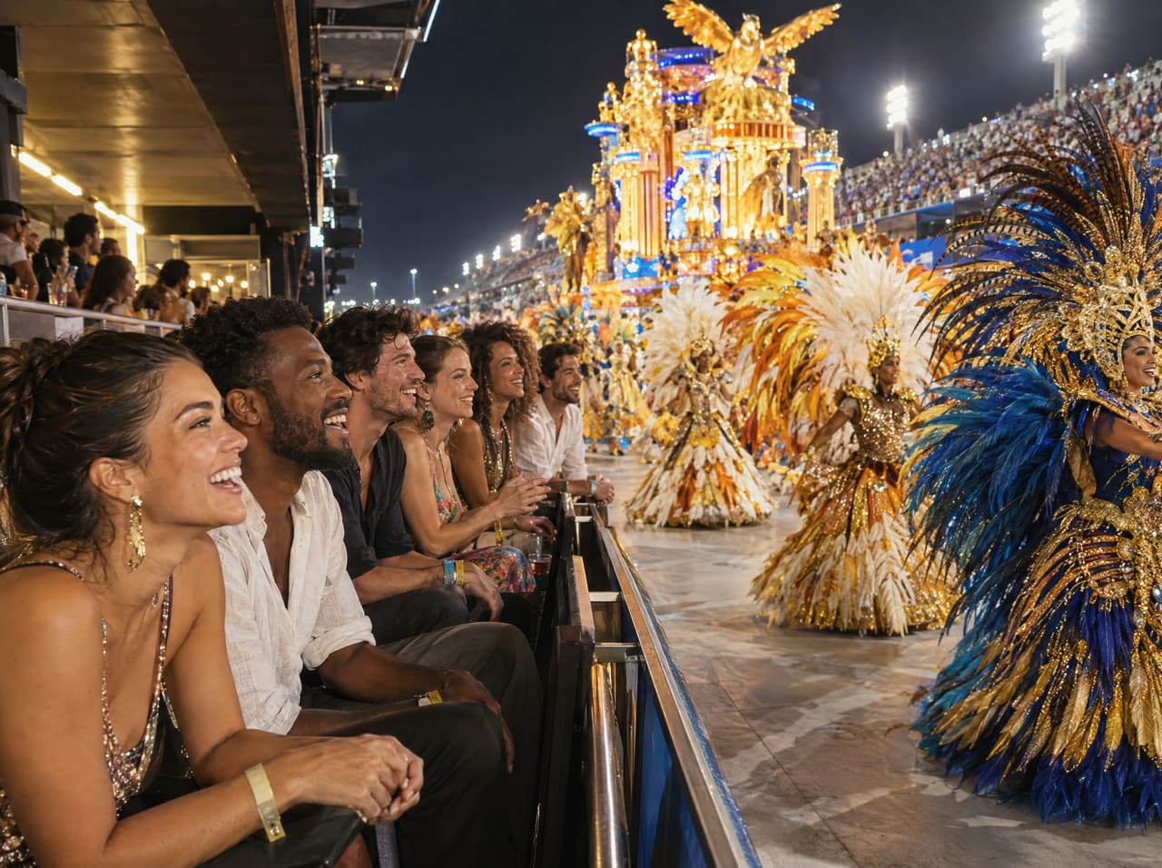 Amigos sentados na frisa, ao lado da avenida, veem de perto as fantasias do desfile