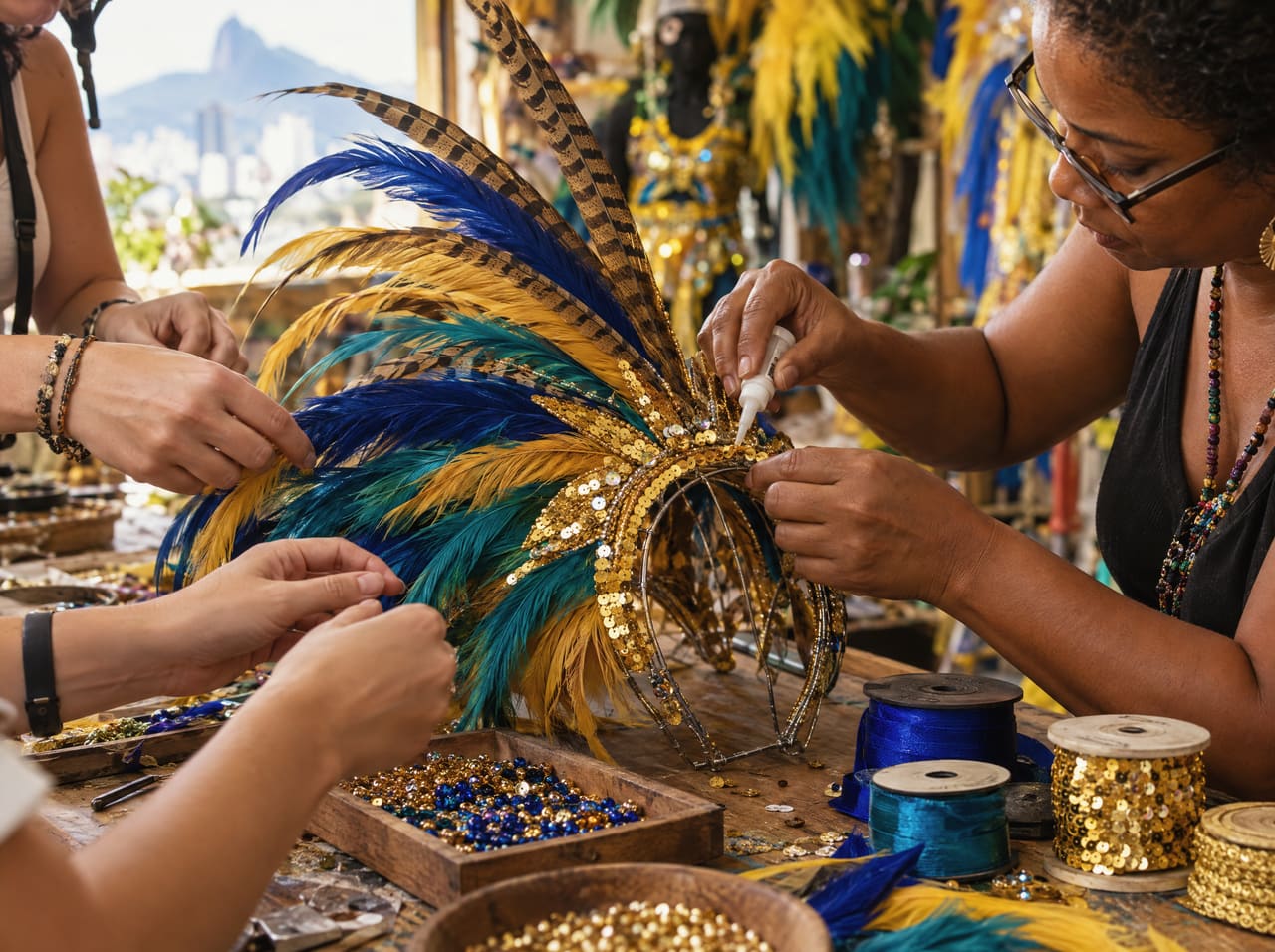 Mãos de visitantes e artesã montam um adereço de plumas e paetês