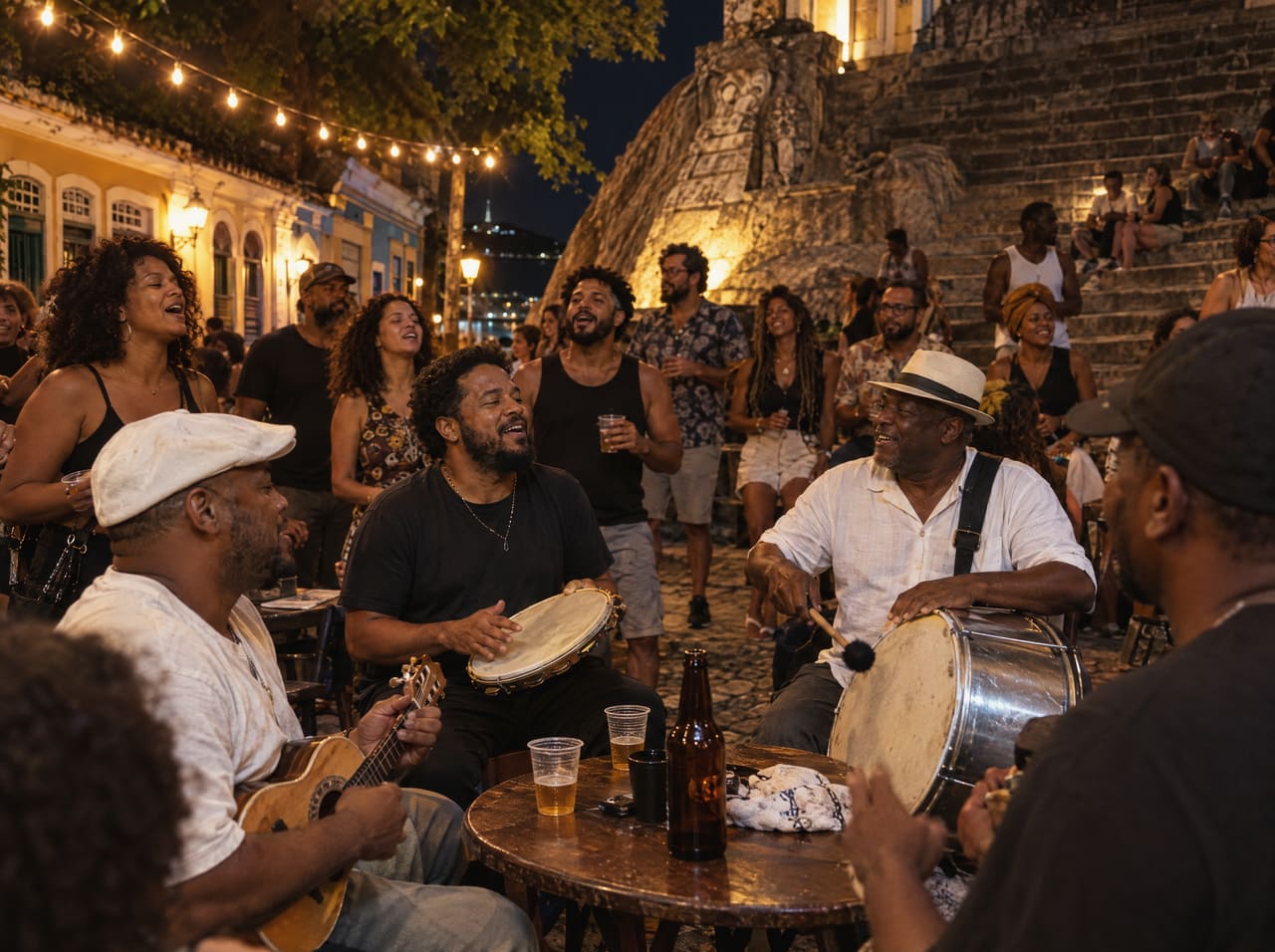 Roda de samba à noite ao pé das escadas de pedra da Pedra do Sal