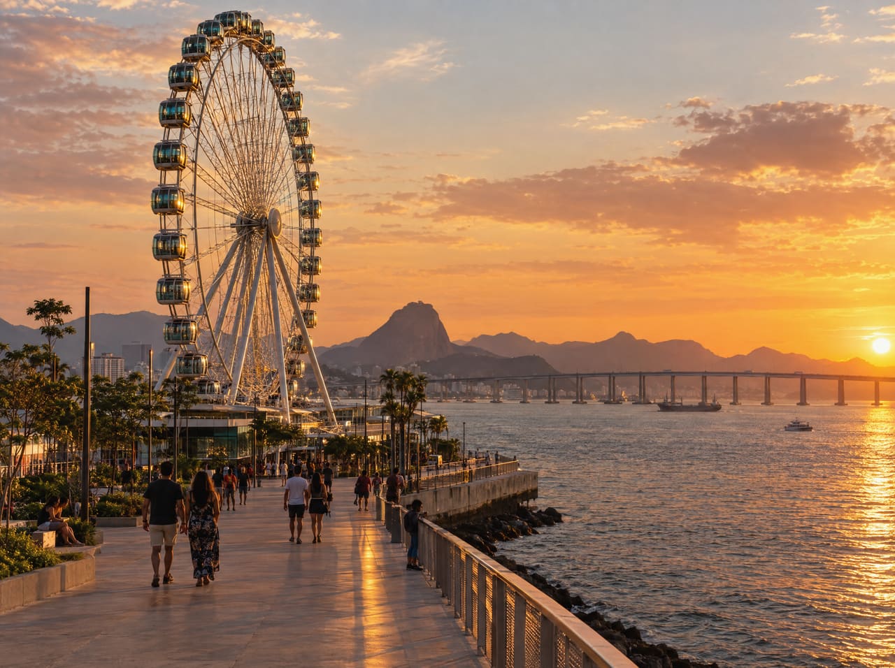 Roda-gigante no Porto Maravilha ao pôr do sol, com a Baía de Guanabara