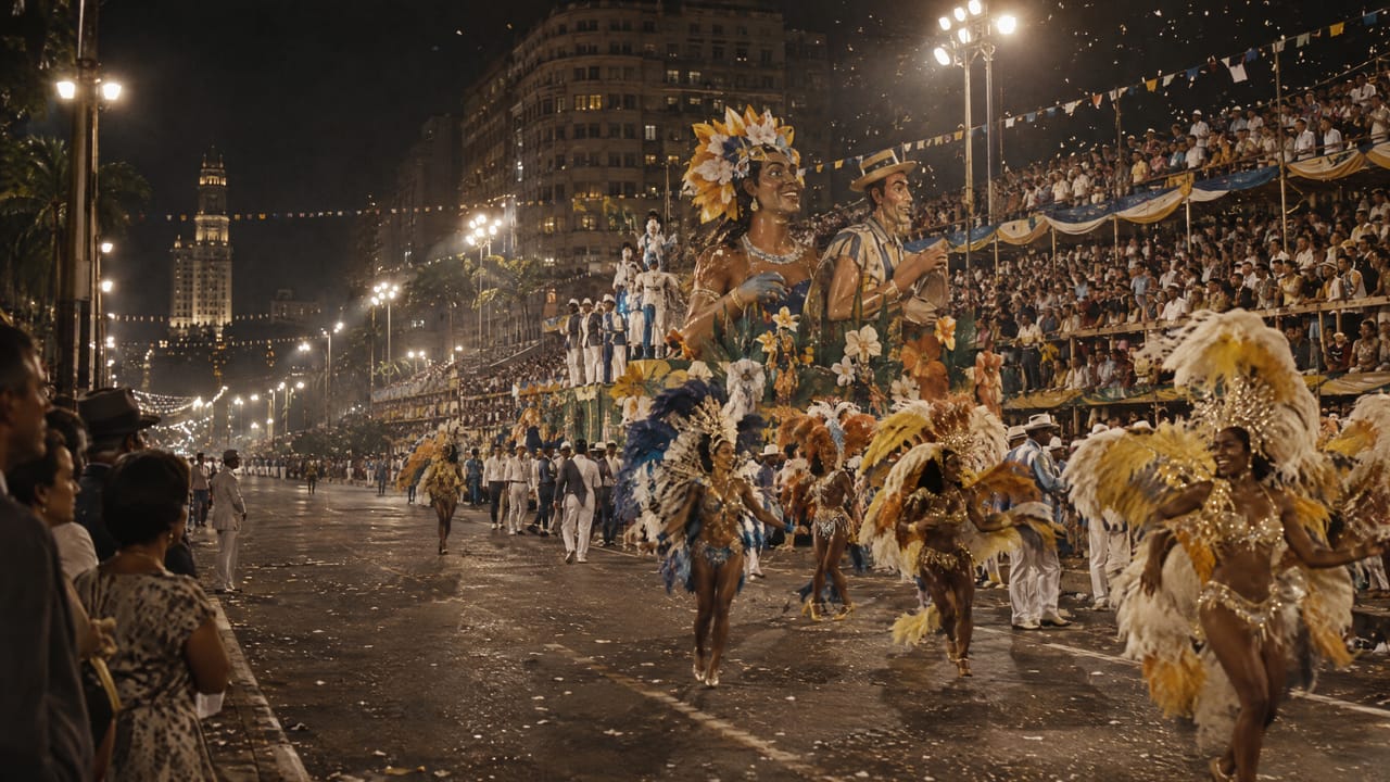 Desfile de escola de samba na Avenida Presidente Vargas nos anos 1960, diante de arquibancadas de madeira lotadas.