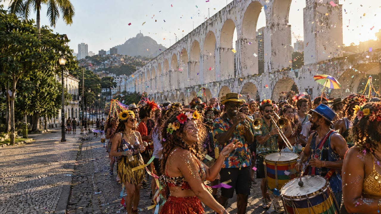 Bloco de rua fantasiado segue uma banda de metais e tambores sob os Arcos da Lapa, com confete no ar.