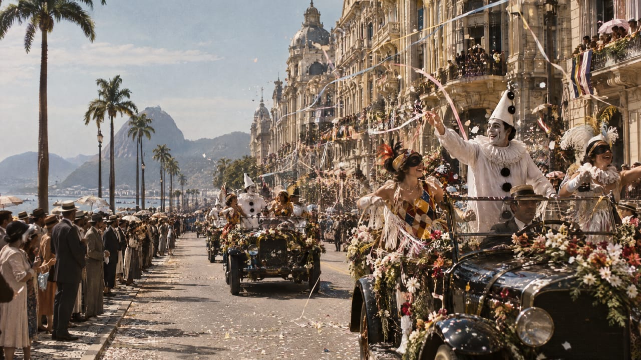 Carros abertos enfeitados com flores levam pierrôs e colombinas que jogam serpentina numa avenida do Rio nos anos 1920.