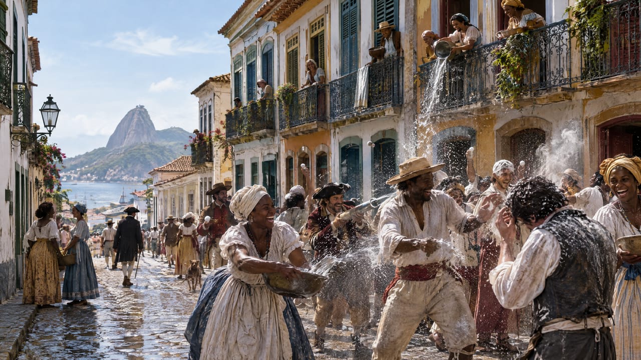 Rua de sobrados do Rio colonial em dia de entrudo: moradores jogam água uns nos outros, das sacadas e da calçada.