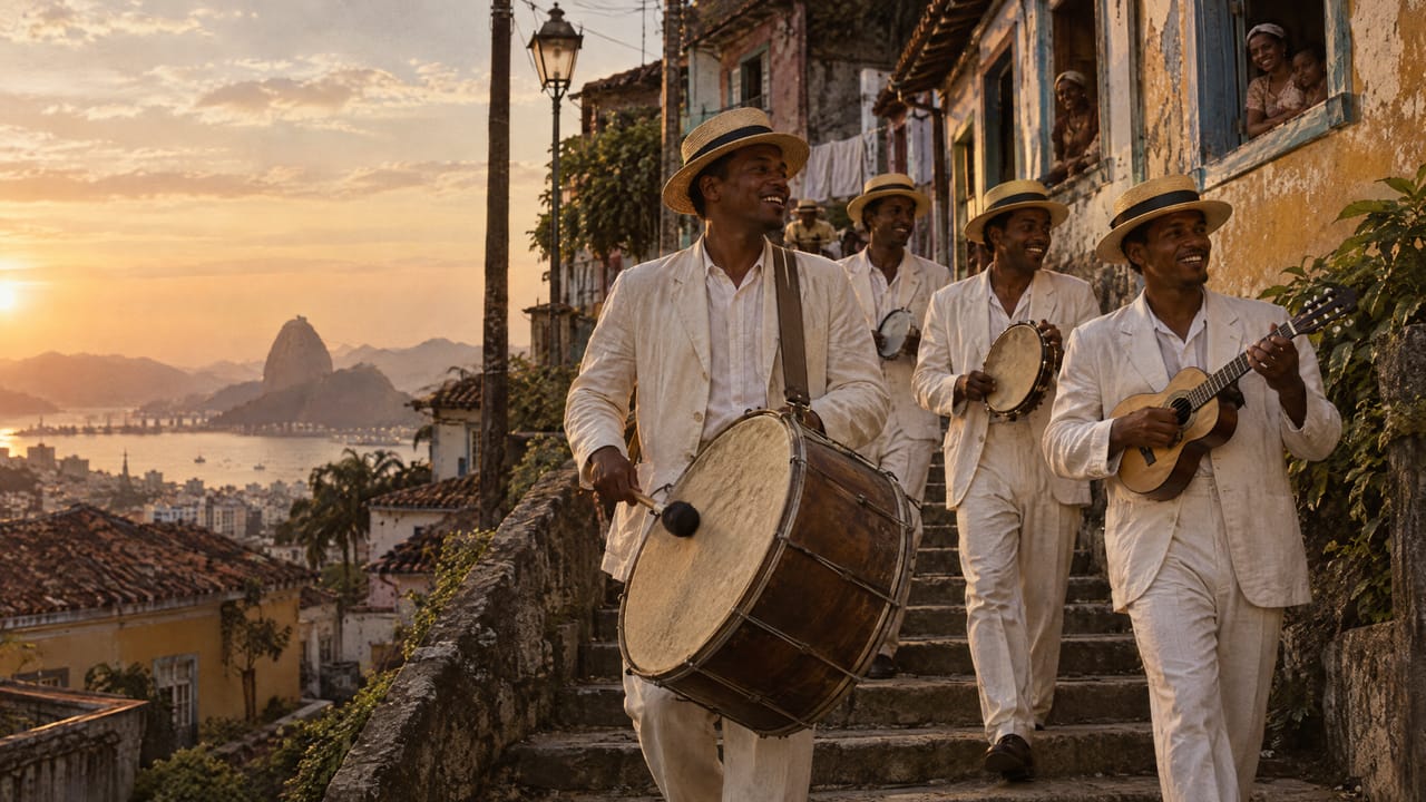 Sambistas de terno branco e chapéu de palha descem uma escadaria de pedra no Estácio levando um surdo, tamborins e cavaquinho.