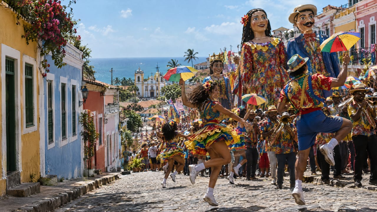 Passistas de frevo saltam com sombrinhas coloridas numa ladeira de Olinda, entre bonecos gigantes e uma banda.