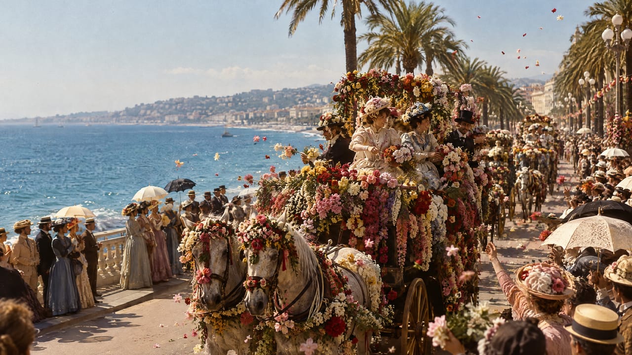 Carruagens cobertas de flores passam pela orla de Nice nos anos 1880, entre gente que joga buquês.