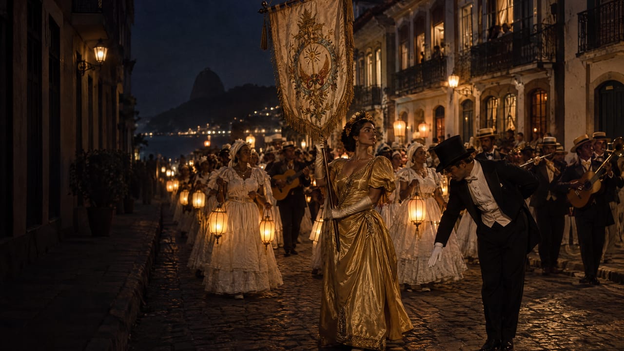 À noite, uma porta-estandarte de vestido dourado ergue o estandarte ao lado do mestre-sala, seguidos por pastoras com lanternas.