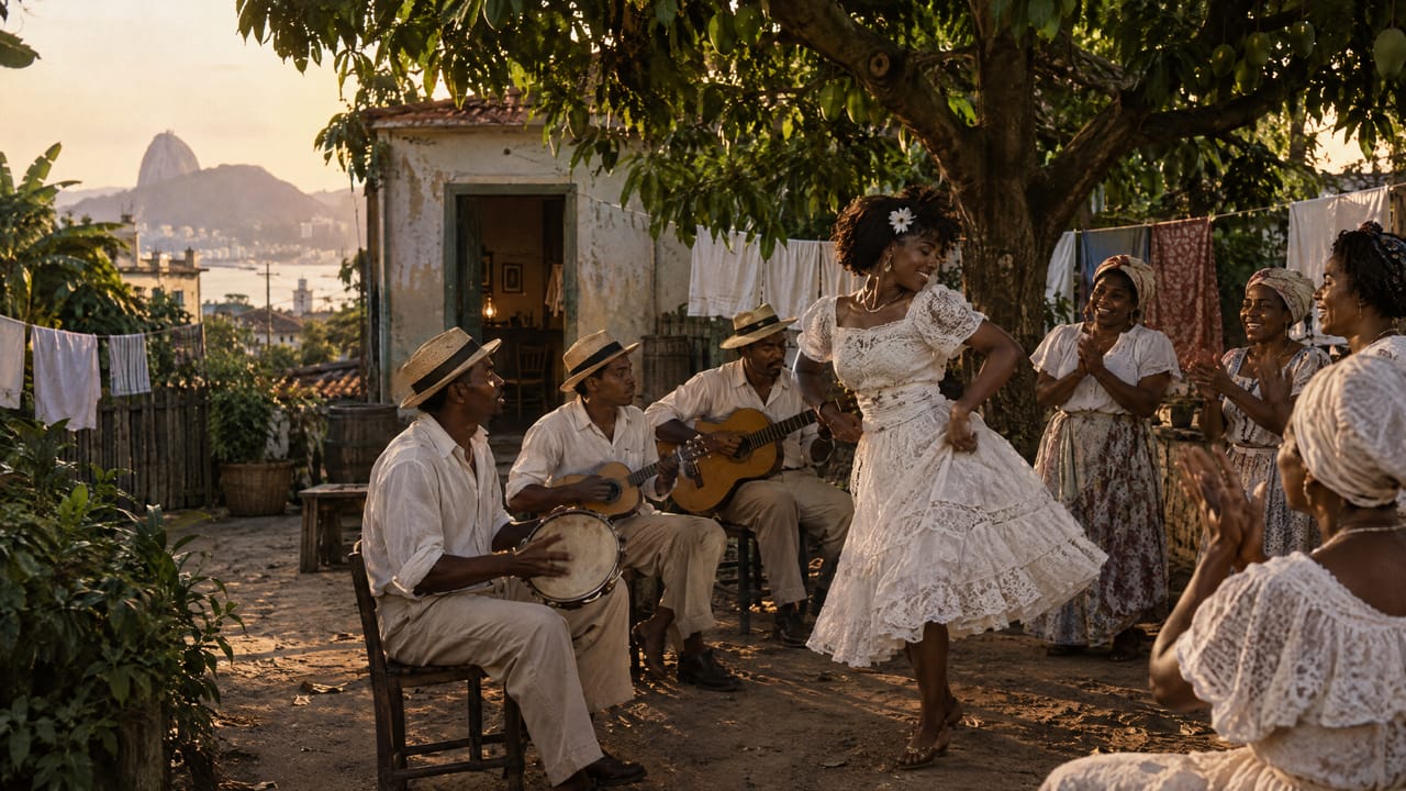 Roda de samba num quintal da Pequena África: músicos tocam pandeiro, cavaquinho e violão enquanto uma mulher de branco dança.
