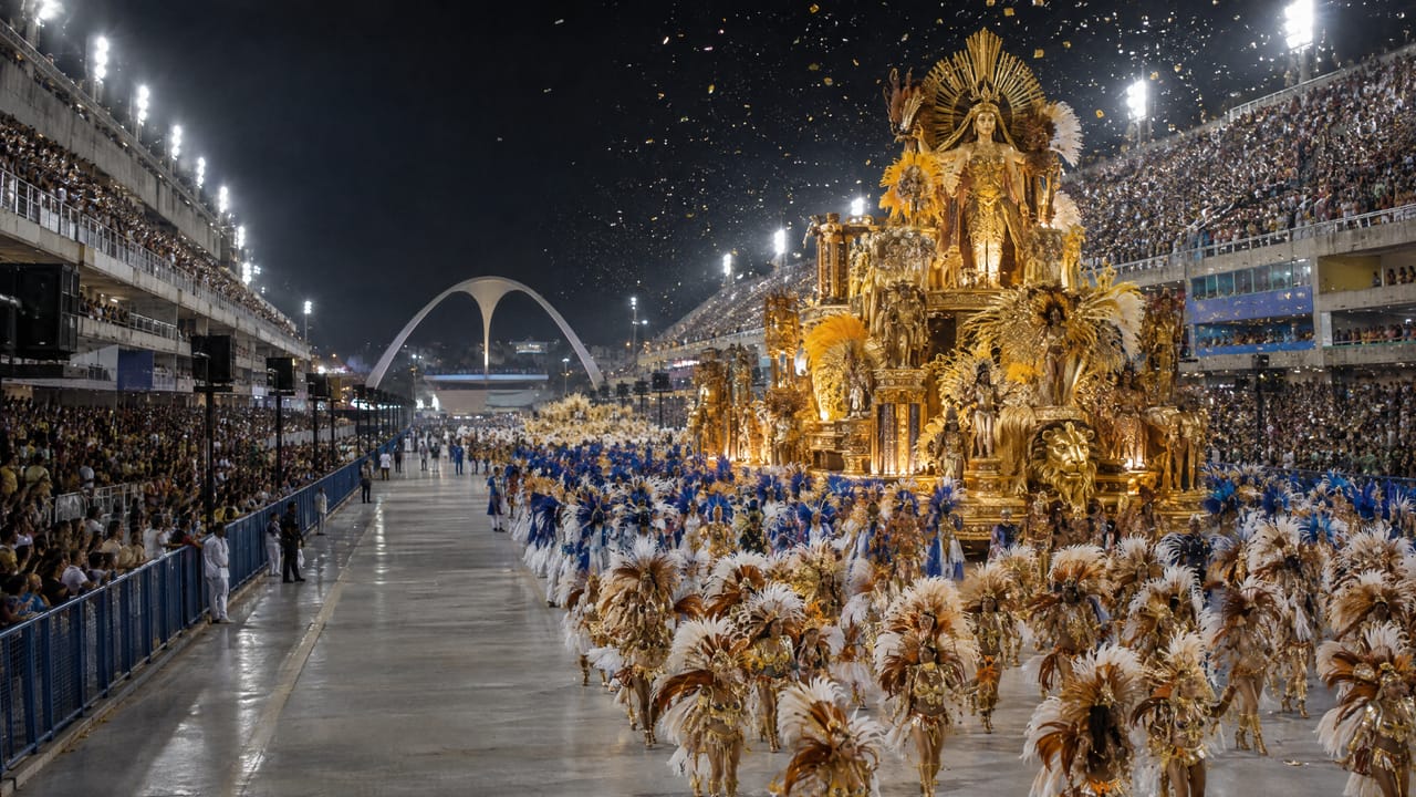 Carro alegórico dourado e alas de plumas desfilam no Sambódromo à noite, com o arco da Praça da Apoteose ao fundo.