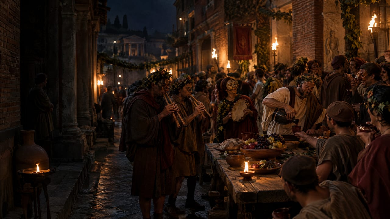Rua de Roma antiga à noite, iluminada por tochas, com gente mascarada e de coroas de hera num banquete com músicos.