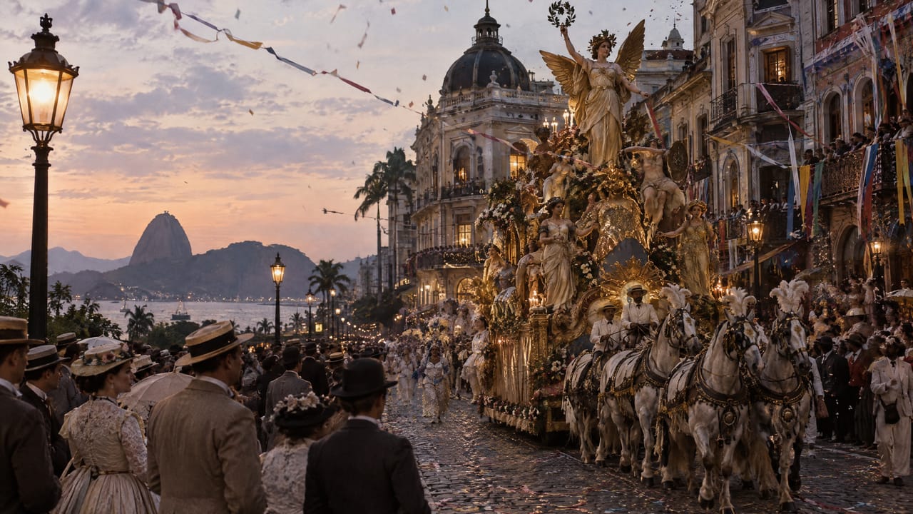 Carro alegórico dourado puxado por cavalos passa ao entardecer diante de uma multidão de chapéus de palha, por volta de 1900.