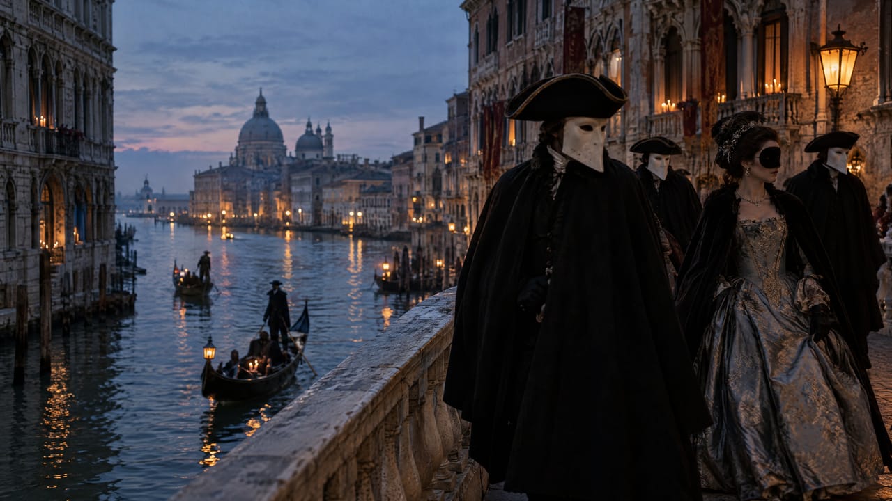 Mascarados de bauta, capa e tricórnio negros atravessam uma ponte sobre um canal de Veneza ao entardecer, com gôndolas iluminadas.