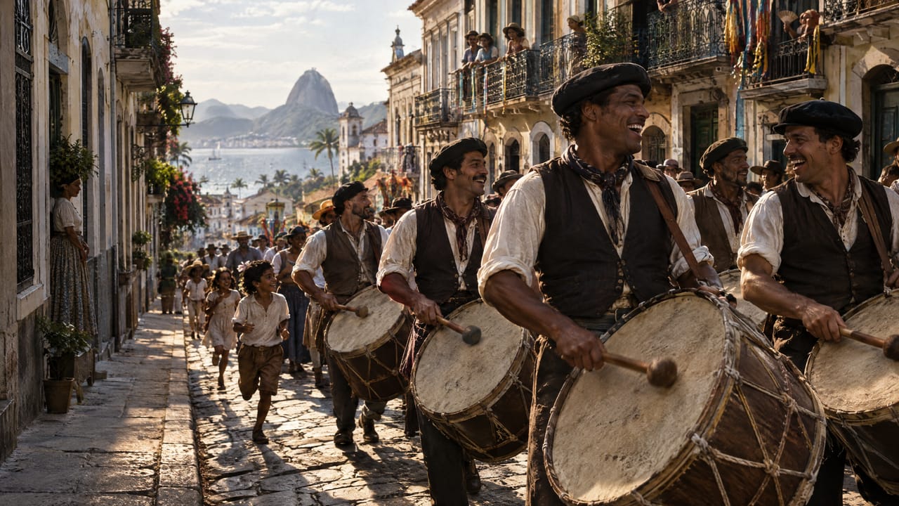 Homens de colete e boina marcham batendo grandes bumbos numa rua estreita do Rio do século XIX.